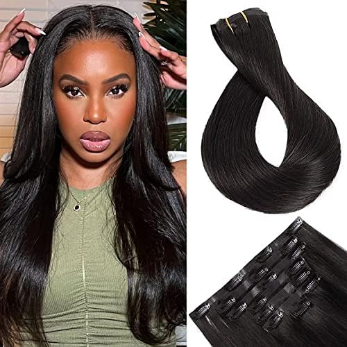 Maxfull Natural Black Light Yaki Seamless Clip in Human Hair Extensions with Soft Silicone Weft, Invisible Clip In Hair Extensions Real Human Hair for Women, 7pcs, 18inch, 115g
