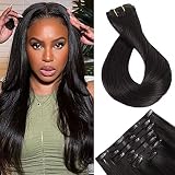 Maxfull Natural Black Light Yaki Seamless Clip in Human Hair Extensions with Soft Silicone Weft, Inv