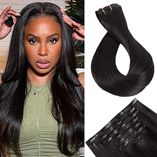 Maxfull Natural Black Light Yaki Seamless Clip In Human Hair Extensions With Soft Silicone Weft, Invisible Clip In Hair Extensions Real Human Hair For Women, 7Pcs, 18Inch, 115G #TOP20