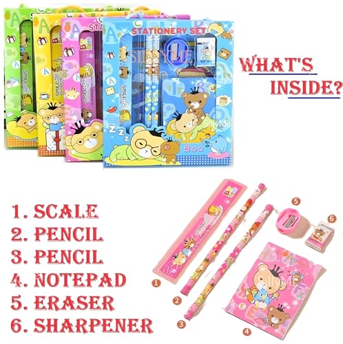 Image of 6pcs Cute Cartoon Stationery Set - Includes Pencil, scale, eraser - Return Gifts Birthday Party for kids - Best Birthday Return Gifts for Kids in Bulk - Return Gifts for Kids Age 8 12 3 5 6