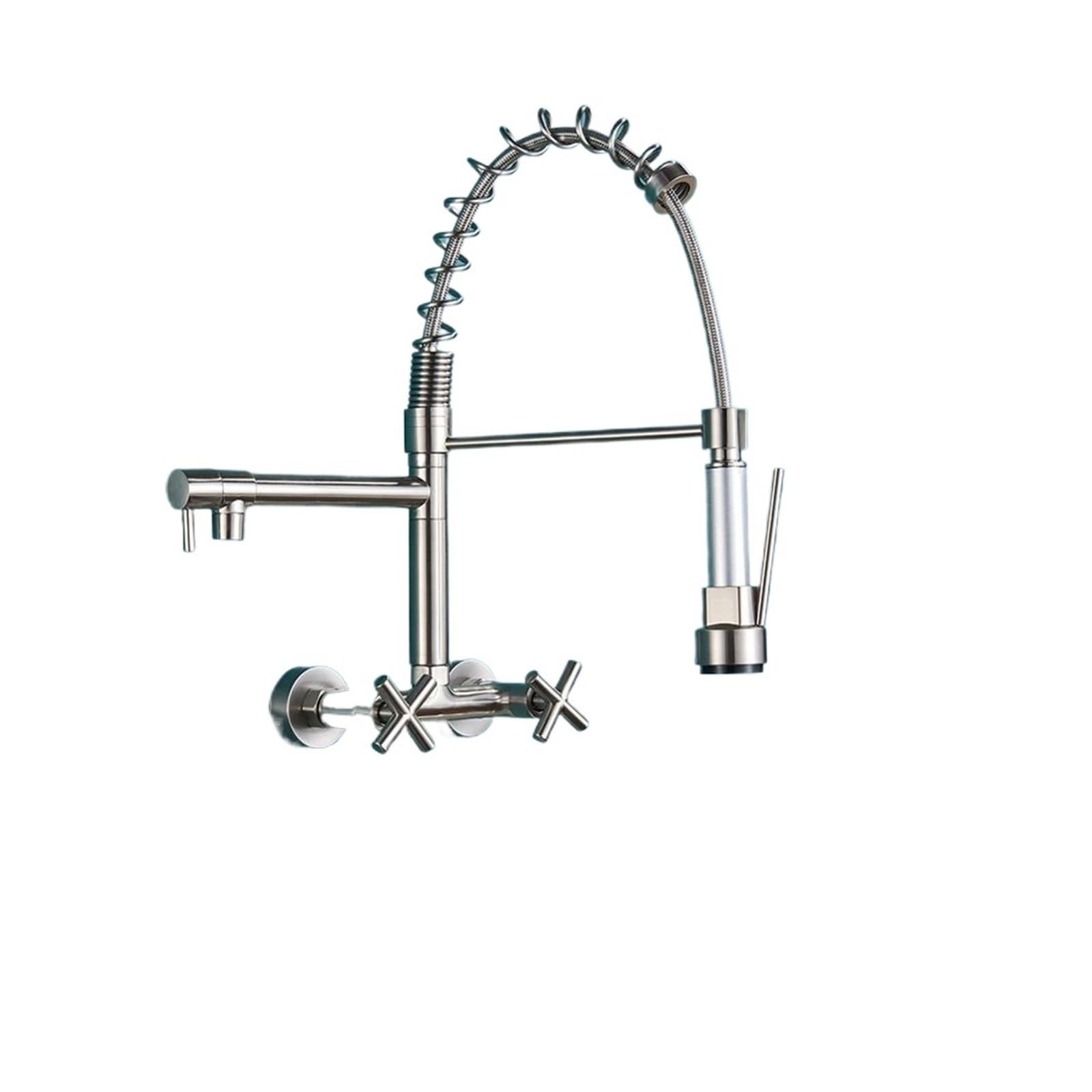 Ngdvjexphuks Nickel Kitchen Tap, Kitchen Faucet Dual Handles Hot&Cold Mixer Water Tap, Wall Mounted Swivel Spout Spring Pull Down Faucets(Nickel)