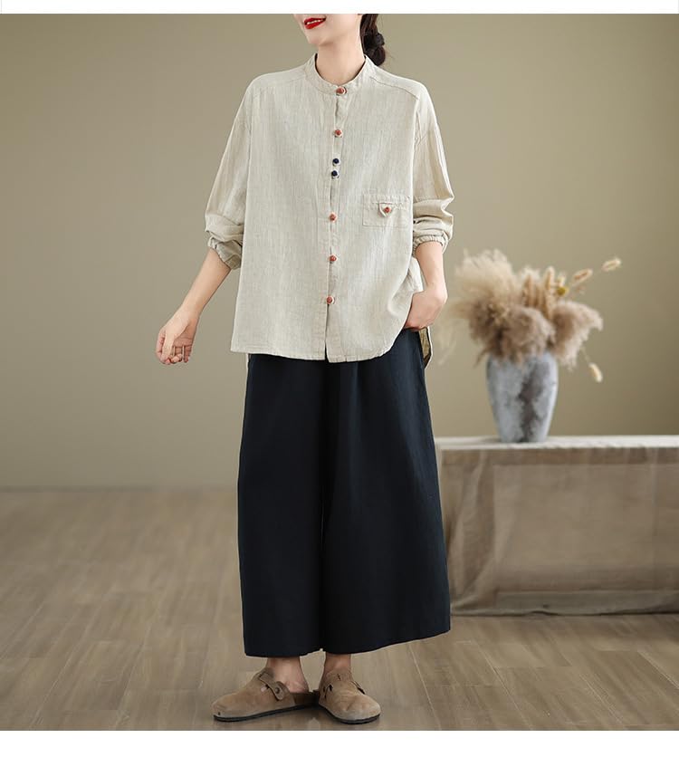 Camisas De Manga Larga De Lino Y Algodón para Mujer, Blusa Tipo Túnica con Botones Y Cuello Redondo Verde Salvia, Informal, Holgada, para Uso Diario Y Elegante.