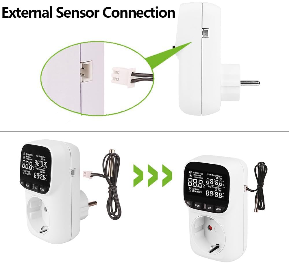 Prise Thermostat Numérique 16A 230V, Contrôleur de Température Intelligent avec Capteur Externe, Écran LCD Régulateur -40℃~120℃, Minuterie pour Serre, Aquarium, Couveuse, Chauffage et Réfrigérateur
