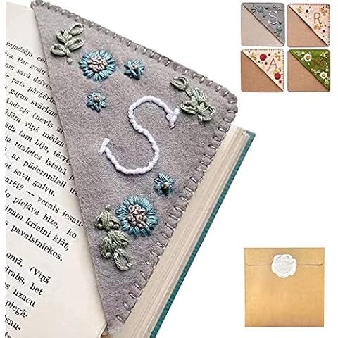 Personalized Hand Embroidered Corner Bookmark, 26 Letters Hand Stitched Felt Corner Letter Bookmark, Cute Flower Embroidery Bookmarks for Book Reading Lovers Meaningful Gift (Winter，A） Cover