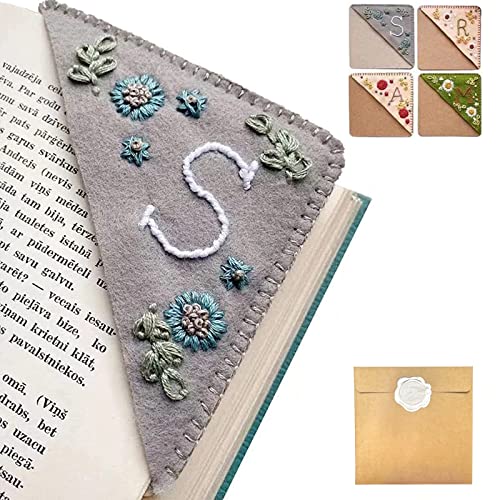 Marcapáginas de esquina personalizado bordado a mano, 26 letras cosidas a mano, marcador de letras de esquina de fieltro, bonito marcapáginas bordado de flores para los amantes de la lectura de libros