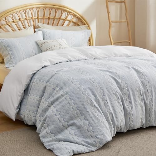 Image of Bedsure Sky Blue Queen Size Comforter Set - Soft Cotton Bedding Set for All Seasons, Stripe Fluffy Bed Set 3 Pieces with 1 Waffle Weave Comforter Queen Size and 2 Pillow Shams