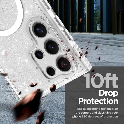 Image of Magnetic Case for Samsung Galaxy S24 Ultra [Compatible with Magsafe] [Bling Glitter Fluorescent Design] [1 Screen Protector] Slim Translucent Matte Case for Galaxy S24 Ultra 6.8 inch, White