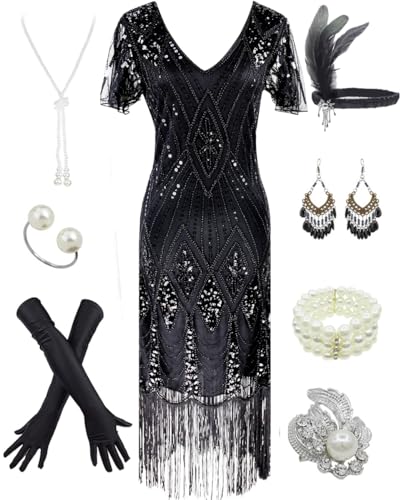 Women's 1920s Gatsby Inspired Sequin Beads Long Fringe Flapper Dress w/Accessories Set