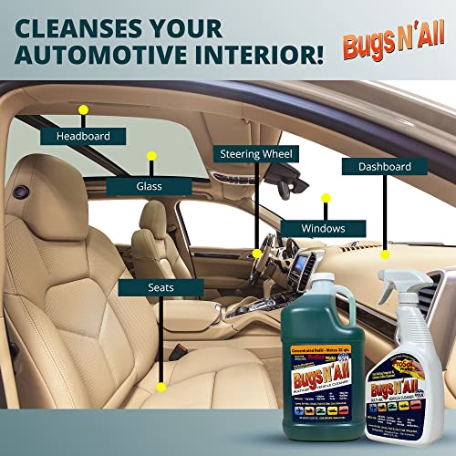 Prosol Works Bugs N' All Bug & Tar Remover For All Vehicles - Multi Surface Cleaner Spray Concentrate 1 Gal W/Empty Cleaning Spray Bottle 32 Oz -Interior & Exterior Car Cleaner Car Detailing Solution #TOP2