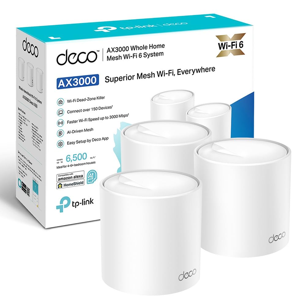 TP-Link Deco X50 WiFi 6 AI Mesh System, AX3000 Dual Band 2.4 GHz/5 GHz, Coverage up to 600 m², 3X Gigabit Ports per Unit, Band 160MHz Channel, ODFMA, 1024QAM, White