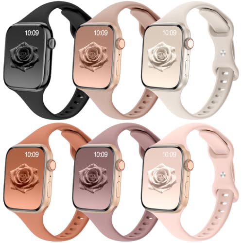 Image of 6 Pack Thin Slim Soft Silicone Bands Compatible with Apple Watch Women Men | 38mm 40mm 41mm 42mm 44mm 45mm 46mm 49mm, Waterproof Lightweight Strap for iWatch Series 11 /10 /9 /8 /7 /6 /5 /4 /3 /2 /1 SE Ultra