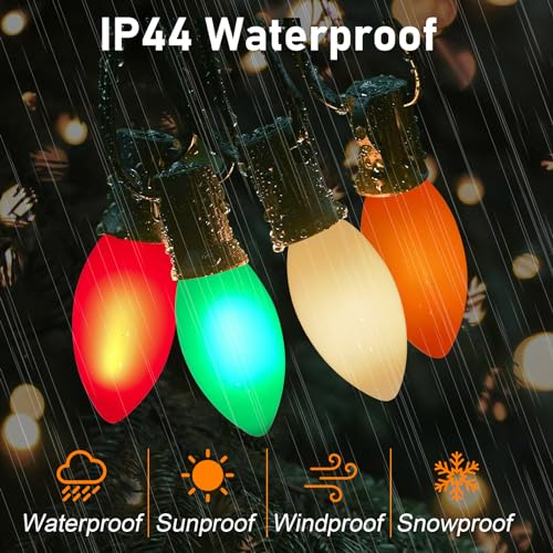 Image of C9 Multicolor Christmas Lights Outdoor, 25Ft Vintage Christmas String Lights with 26 Colorful Ceramic Bulbs, Hanging Patio Lights for Outdoor Roofline Christmas Tree Garden Pathway Decor, Green Wire