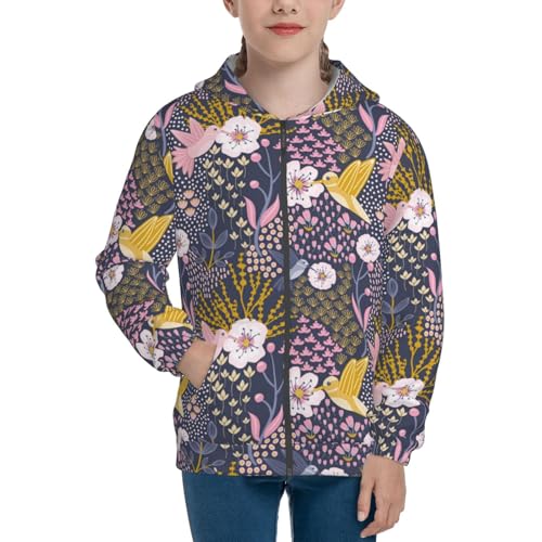 Hummingbird and Cherry Blossom Kid Hoodies Boys Zip Up Sweatshirts Girls Pullover with Pocket3
