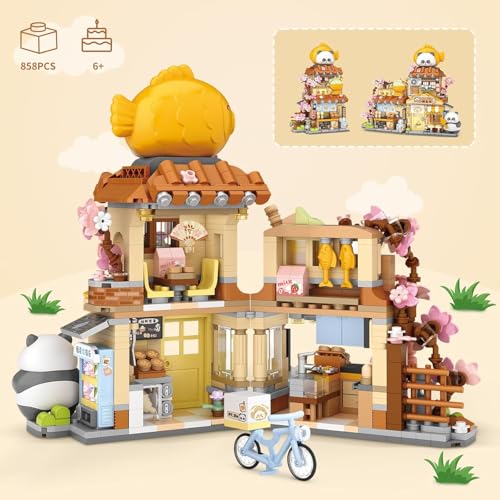 Image of SKY LINE OCEAN Japanese Street View Taiyaki Shop Mini Building Blocks Set, 858+ PCS Cute Panda Food Shop Architecture Model Kit, Creative MOC Construction Toy for Girls Boys Kids Adults
