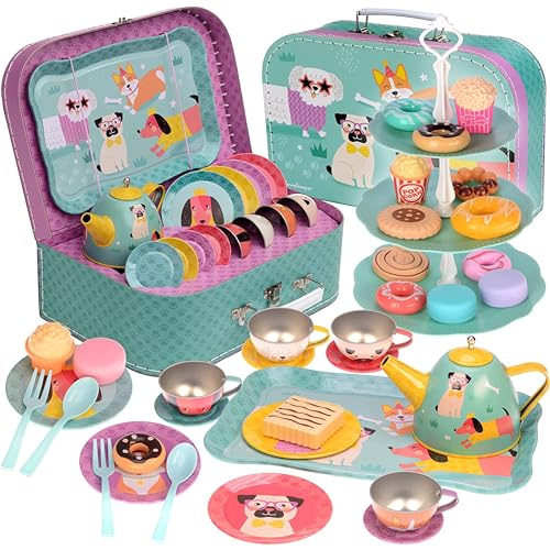 Jewelkeeper 42-Piece Tin Tea Party Set for Little Girls with Pretend Food, Durable Carrying Case, Cute Dog Design for Imaginative Play