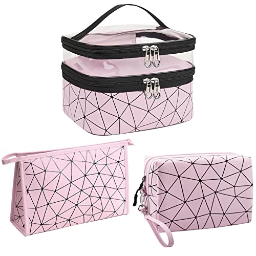 Mikytoper-Makeup-Bags-3-PCS-Double-Layer-Cosmetic-Bag-2-Make-Up-Bags-with-Diamond-Pattern-Travel-Toiletry-Bags-for-Men-and-Women-Pink