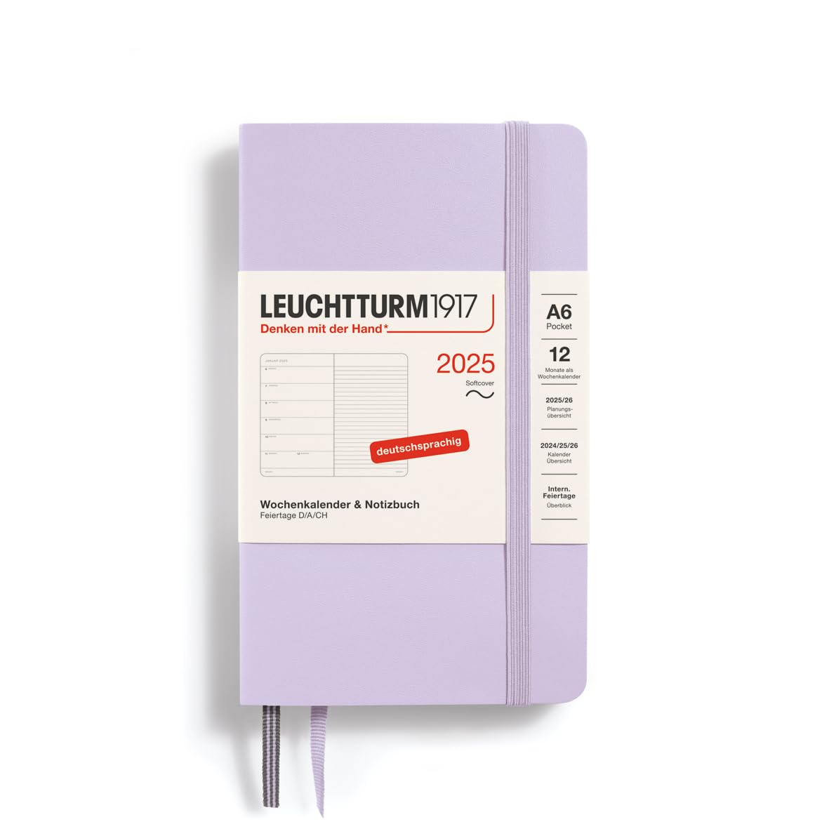 LEUCHTTURM1917 370528 Weekly Calendar & Notebook 2025, Pocket A6 Softcover - 12-Month Planner, 80 g, Lined - Lilac