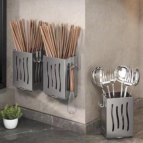Image of Multifunctional Kitchen Utensil Rack Draining Chopstick Holder Wall-Mounted Freestanding Cutlery Storage Box (Grey)