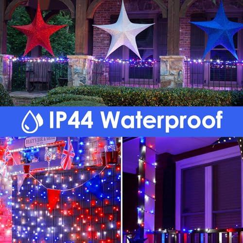 Yiqu JT-EL/FC300V0200-C 4Th Of July Decorations 200 Led String Lights Outdoor/Indoor, Red White And Blue Lights Extendable Green Wire Waterproof Fairy String Lights For Independence Day Memorial Day Garden Yard Decorations thumb #2