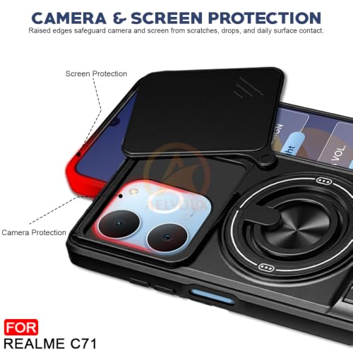 Image of Realme C71 Back Cover | Armor Camera Slider 360 Degree Rotating Finger Ring Holder Case with Bracket Stand Back Case Cover (Compatible with MagSafe Accessories) (Black)