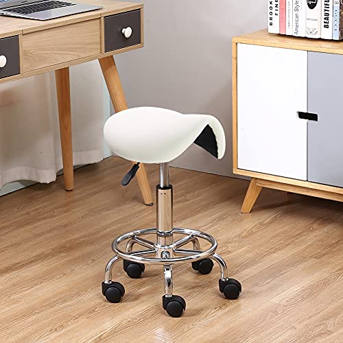 Kktoner Saddle Stool With Foot Rest Pu Leather Swivel Adjustable Rolling Stool With Wheels Facial Salon Chair (White) #TOP1