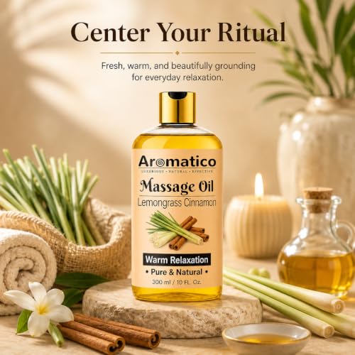 Image of AROMATICO Lemongrass Cinnamon Warm Massage Oil - Ideal for Hot Oil Massage | Body Massage Oil with Almond & Jojoba for Full Body Relaxation | 300ml
