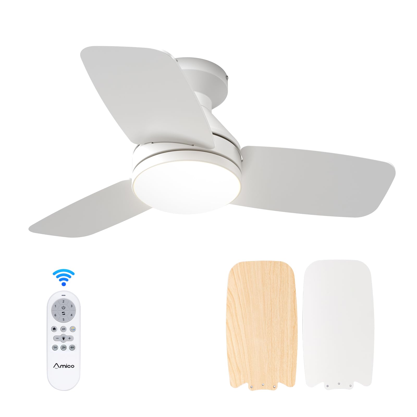 Amico Ceiling Fans with Lights, 30 inch Low Profile Ceiling Fan with Light and Remote Control, Flush Mount, Reversible, 3CCT, Dimmable, Noiseless, White Ceiling Fan for Bedroom, Indoor/Outdoor Use