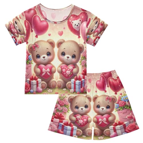 Bears Heart Valentines Cute Pajama Set Short Sleeve PJ Set Cotton Summer Pajamas Sleepwear Soft 5Y