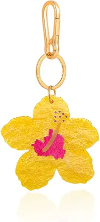 Tropical Hibiscus Flower Bird Butterfly Keychain Bag Charm Keychain Gold-Tone Clasp, 5.3 Inches
