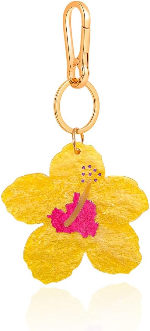 Tropical Hibiscus Flower Bird Butterfly Keychain Bag Charm Keychain Gold-Tone Clasp, 5.3 Inches
