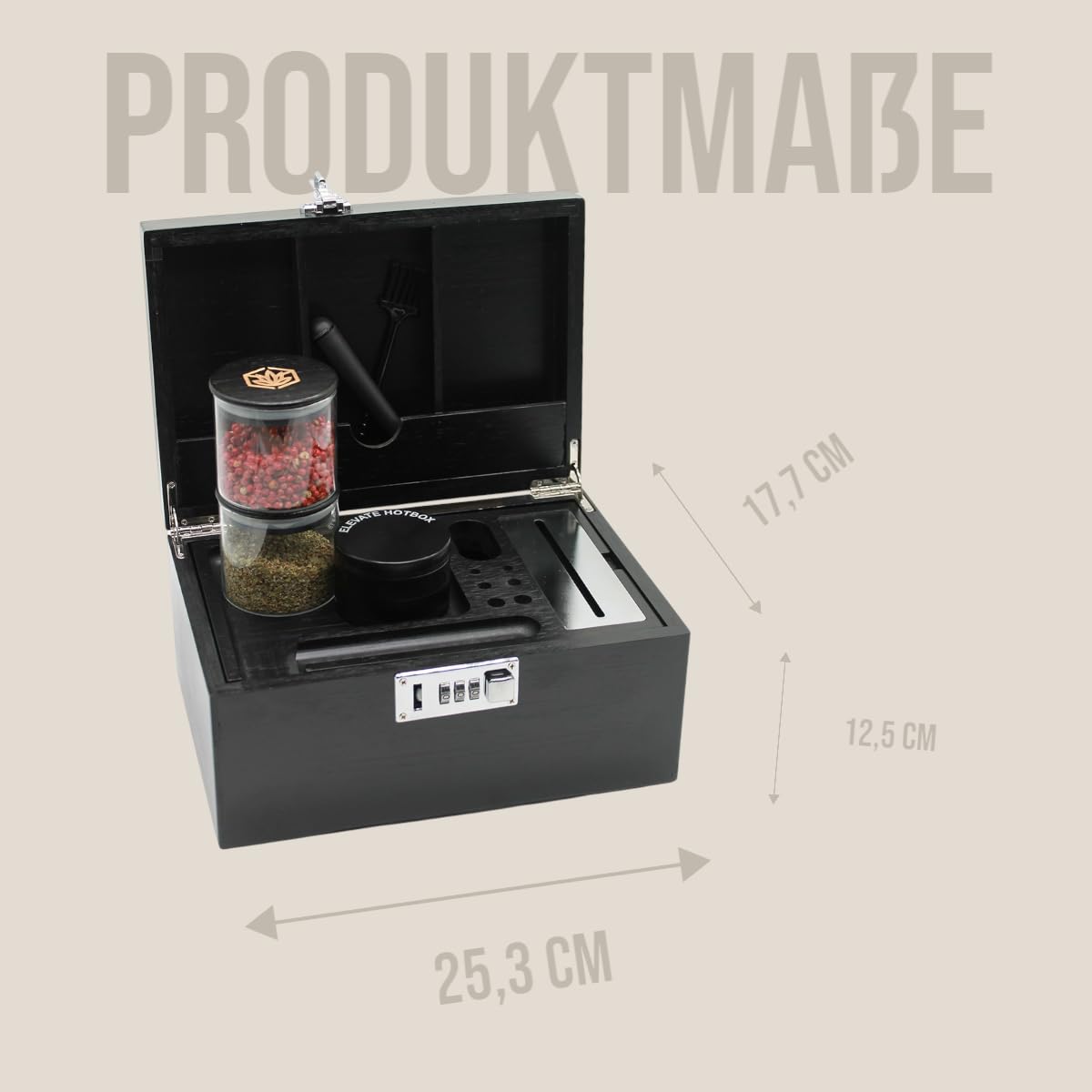 Stash Box aus Bambusholz mit Zahlenschloss | 4-teiliger Premium Grinder aus Metall mit Rolling Tray Set, Paper Spender und zwei geruchsdichte Glasbehälter