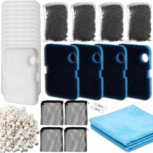 Threlaco 30 Pack Aquarium Filter Media Set Replacement Compatible with Cascade 700/1000 CCF2UL CCF3UL Filter, Bio Sponge Filters, White Floss Pads, Activated Carbon, Ceramic Rings, Mesh Bags, Grease
