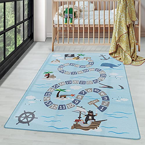 Carpettex Teppich Tapis à Poils Courts Tapis de Enfants Motif de Pirates maritimes Bleu, Couleur:Bleu, Dimension:120x170 cm Cover