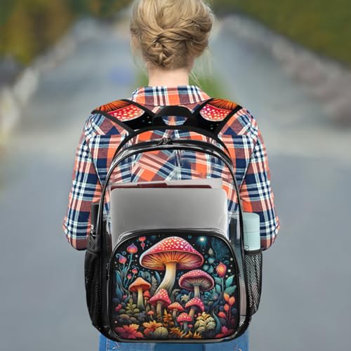 Hand Painted Mushroom Flower Leaf Clear Backpack Stadium Approved PVC Backpacks for Adults Heavy Duty Clear Bag for Work Security Travel College3