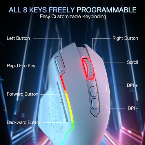 Image of Redragon M810 MAX 3-Mode Wireless Gaming Mouse, 12000 DPI Wired /Wireless RGB Mouse w /Rapid Fire Key, 8 Macro Buttons, 188-Hour Reliable Power Capacity for PC /Mac /Laptop