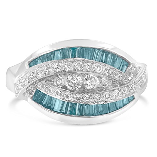 Original Classics 14K White Gold Treated Blue Baguette and Round Diamond Twisted Ring (1 Cttw, Blue Color, SI2-I1 Clarity) - Size 7-1/4