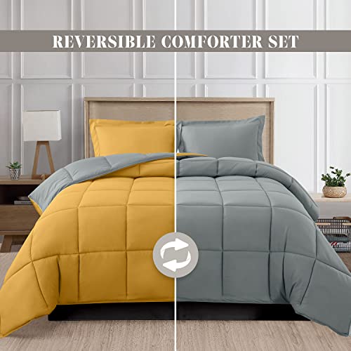 Image of Elegant Comfort 3-Piece Reversible Comforter Set, All Season Cozy, Soft Down Alternative, Quilted - Box Stitched - Duvet Insert with 4 Corner Tabs, Comforter with Shams, Full, Yellow /Gray