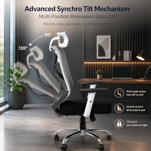 Image of HIGHLIVING Ergonomic Office Chair with Adjustable Headrest & Lumbar Support | Synchro Tilt 135 | Breathable Mesh Back | Height Adjustable Armrest | Class 4 Gas Lift | Heavy Duty Metal Base