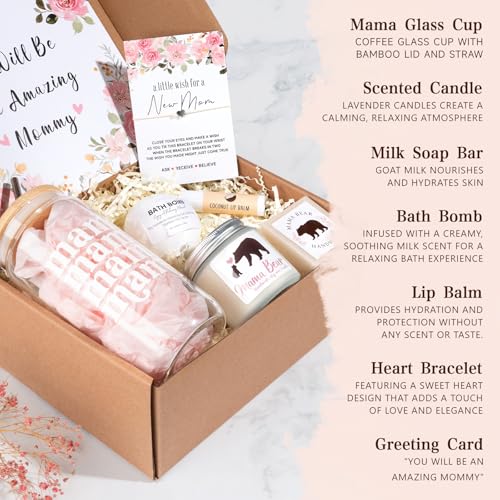 Image of New Mom Gifts for Women, 7pcs Pregnancy Gifts for Expecting Mom, Mother to be After Birth, First Time Care Package After Baby, Congrats on Postpartum Present with 16 oz Mama Glass Cup