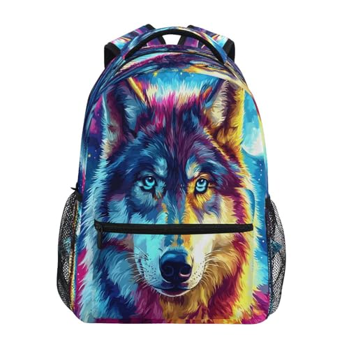 Wolf Watercolor Moon Backpack for School Boys Girls Adults Kids Bookbag Laptop Bag 15L