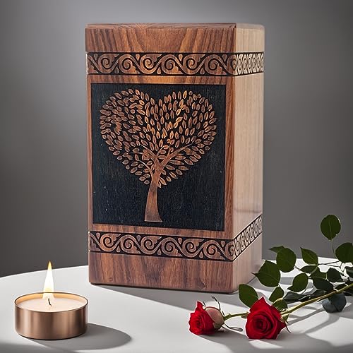 Prime Art Wooden Urns for Human Ashes Tree of Life Urns Cremation Urns for Adult Ashes Funeral Urns Wooden Pet Urn Wooden Urn Box (Heart Tree Black, (Medium - 9.5