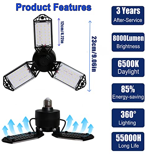 led garage light 80w 8000 lumen ceiling lights with 3 adjustable panels 6500k daylight light bulb fixture led lights for garage workshop