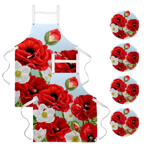Lot de 2 tabliers bistrot et bar à motif coquelicot rouge chic