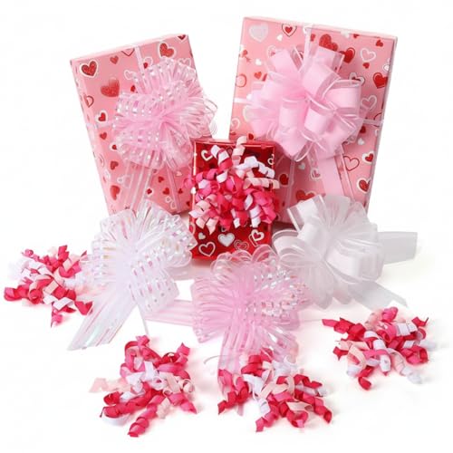 LOYIM 10 Pcs Pink and White Bows for Gift Wrapping Tree Assortment Pull Curly Gift Bows Self Adhesive Large Organza Ribbon for Birthday Wedding Bridal Shower Present Wrapping Bag Basket Decoration