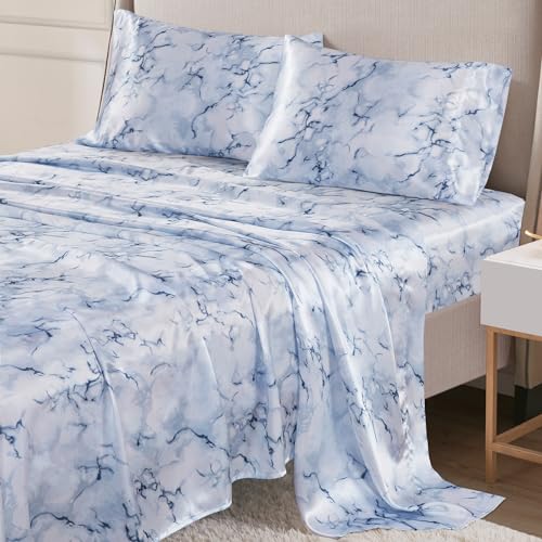 Image of Madison Park Essentials Satin Sheets Twin Size Bed Set, 3 Pcs, Blue Marble | Luxury and Smooth Silky Bedding with Natural Sheen, All Around Elastic 14 inch Pocket fits up to 16 inch Mattress, Year-Round Cozy