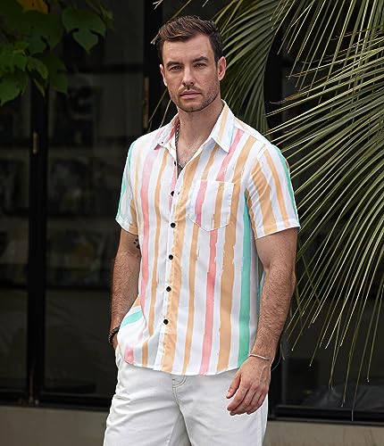 VATPAVE Mens Striped Summer Shirts Casual Button Down Short Sleeve Beach Stylish Untucked Hawaiian Shirts3