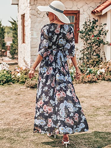 Image of ANRABESS Womens Boho Floral Wedding Guest Maxi Dress | Flowy A-Line Chiffon with Slit, Elegant V Neck Wrap Elastic Waist, Casual 1 /2 Sleeve Spring Summer Outfits, Tea Party