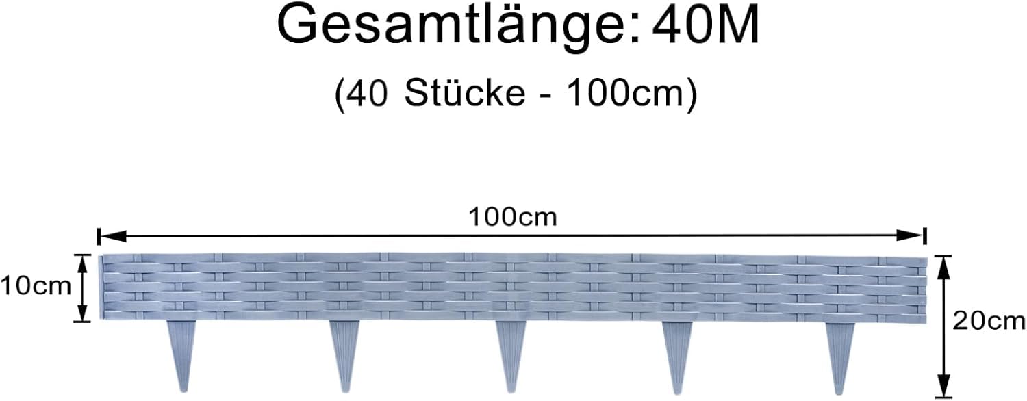 Krawędź trawnika z tworzywa sztucznego, 40 m, imitacja rattanu, obramowanie rabatki, palisada ogrodowa, płot rabatowy, krawężniki, szare, 1 element (dł. x wys.): 100 x 20 cm, 40 sztuk