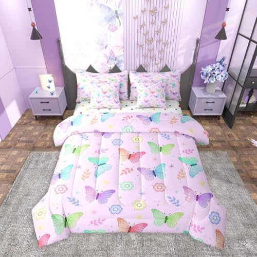 Image of Colorful Butterflies 7 Pieces Bedding Set Queen Size,Rainbow Gradient Bed in a Bag,Cute Cartoon Flower Bed Set Includes Comforter,Sheet Set,Pillowcases & Pillow Covers,Garden Wildlife Bedroom Decor