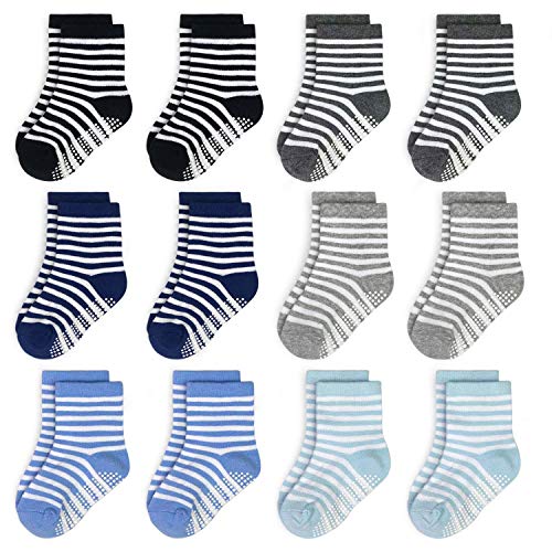 Non Slip Kids Toddler Socks with Grip 12 Pairs Anti Skid Boys Girls Socks for Children Baby Crew Socks for 1-3 Year Old Child
